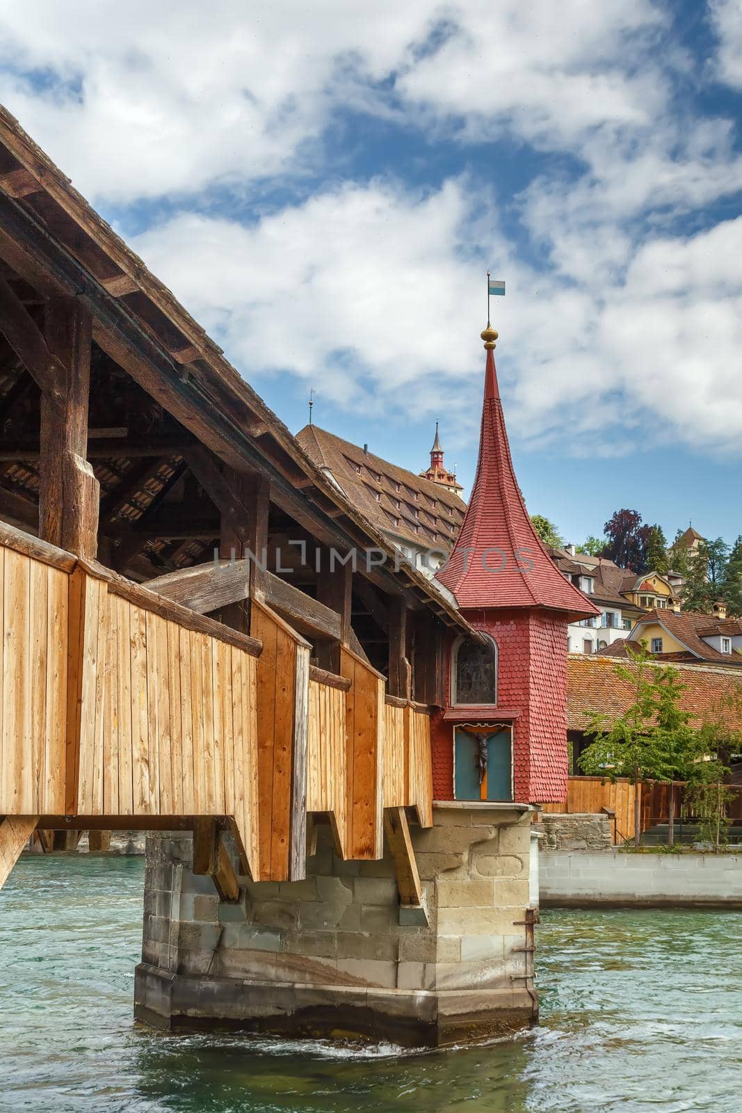 Spreuer Bridge is one of two extant covered wooden footbridges in the city of Lucerne, Switzerland