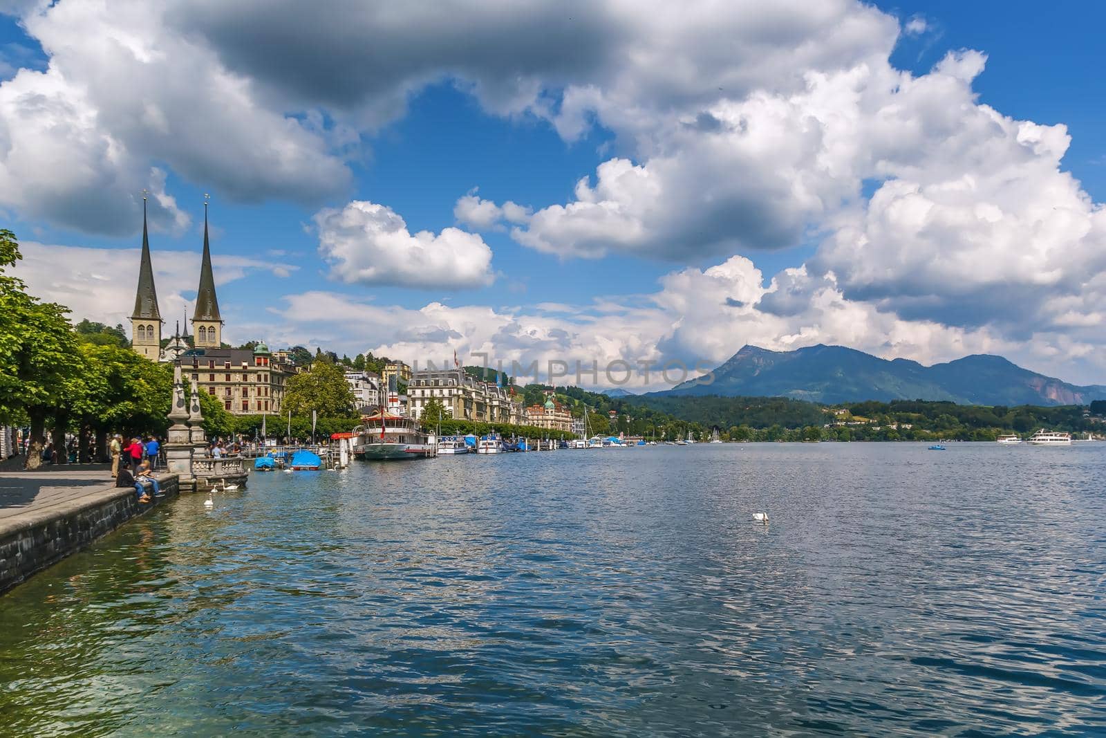 View of Lucerne with Church of St. Leodegar from lake, Switzerland