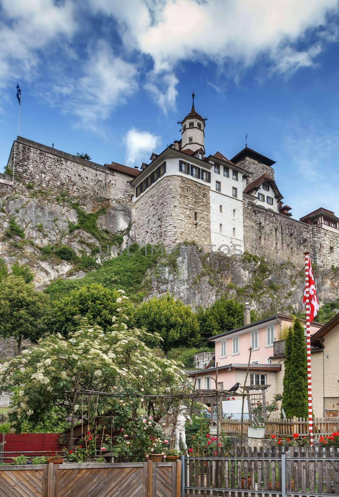 Aarburg Castle located high above the Aarburg town on a steep, rocky hillside, Switzerland