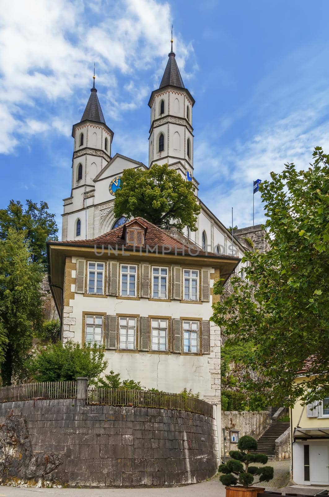 Aarburg Church is situated on a rock in Aarburg, Switzerland