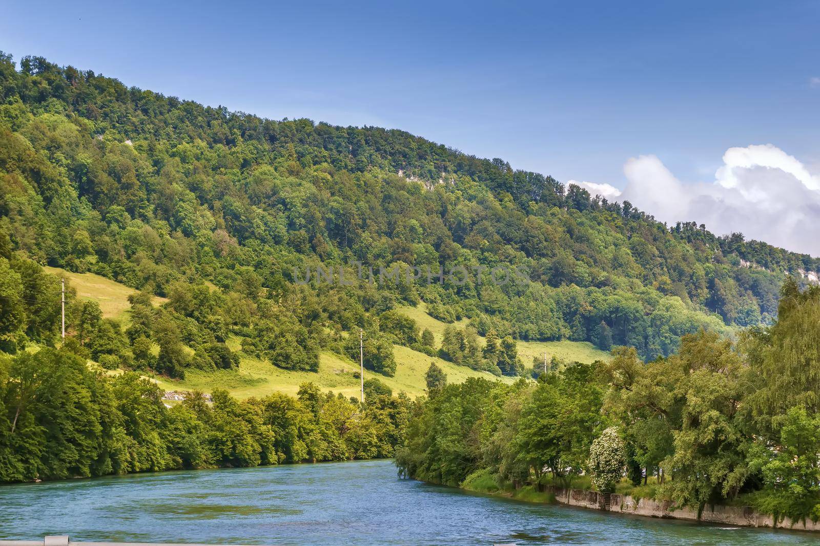 Landscape with Aare river near Aarburg town, Switzerland