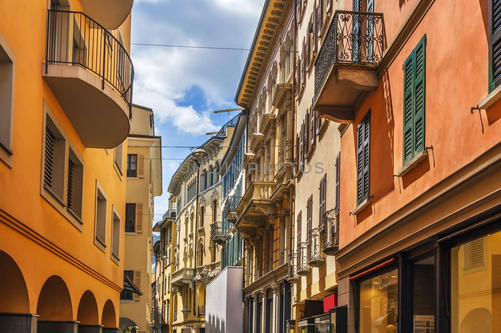 Street with historical houses in Lugano downtown, Switzerland