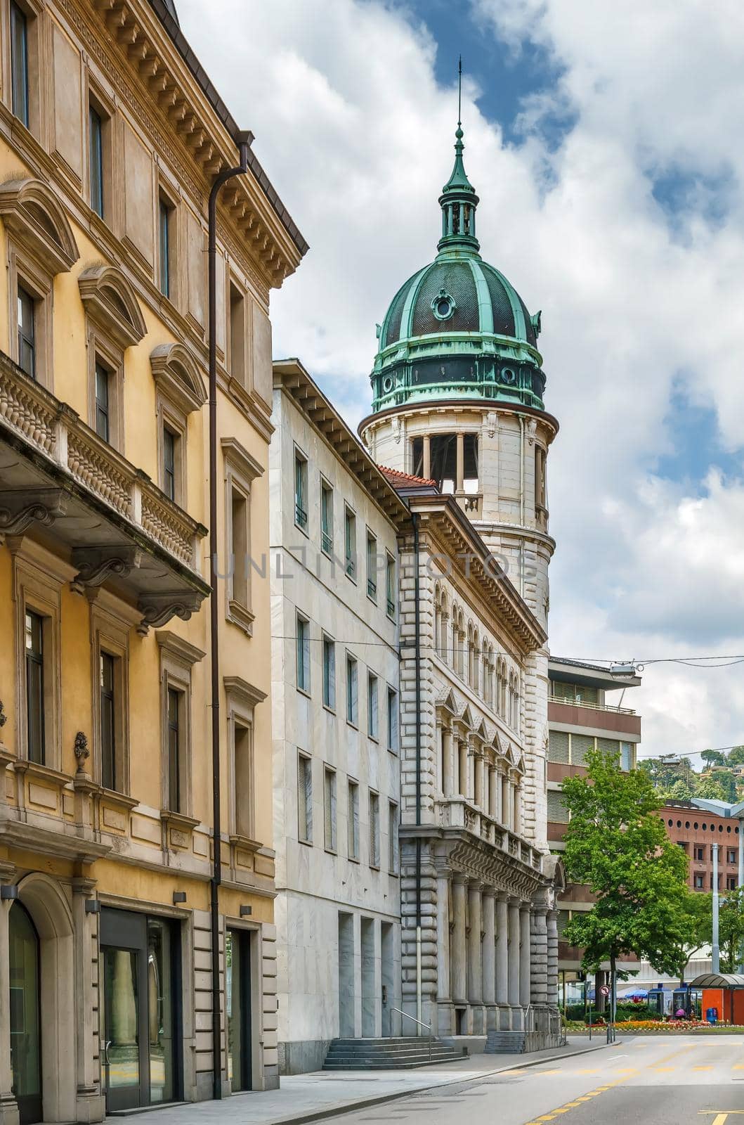 Street with historical houses in Lugano downtown, Switzerland