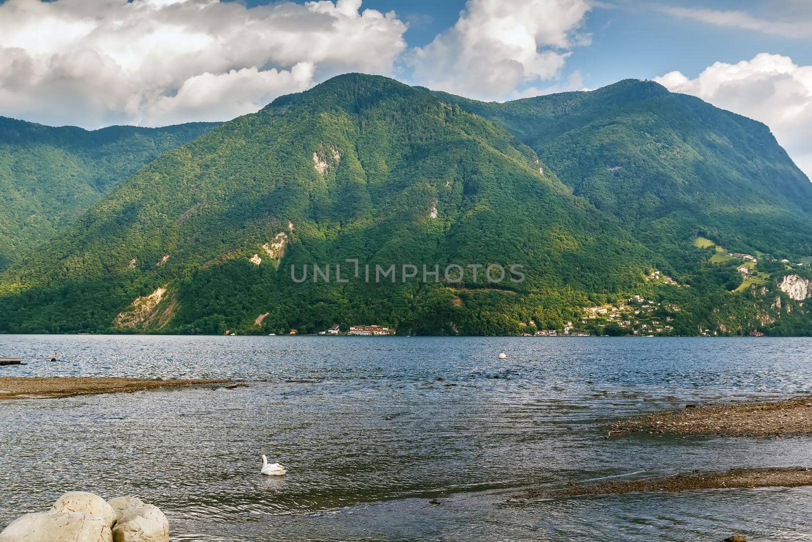 View of Lake Lugano and surrounding mountains, Switzerland