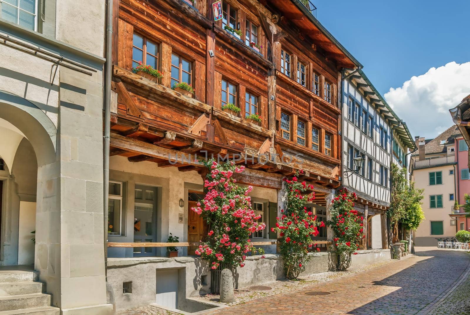 Street in Rapperswil old town with rose, Switzerland