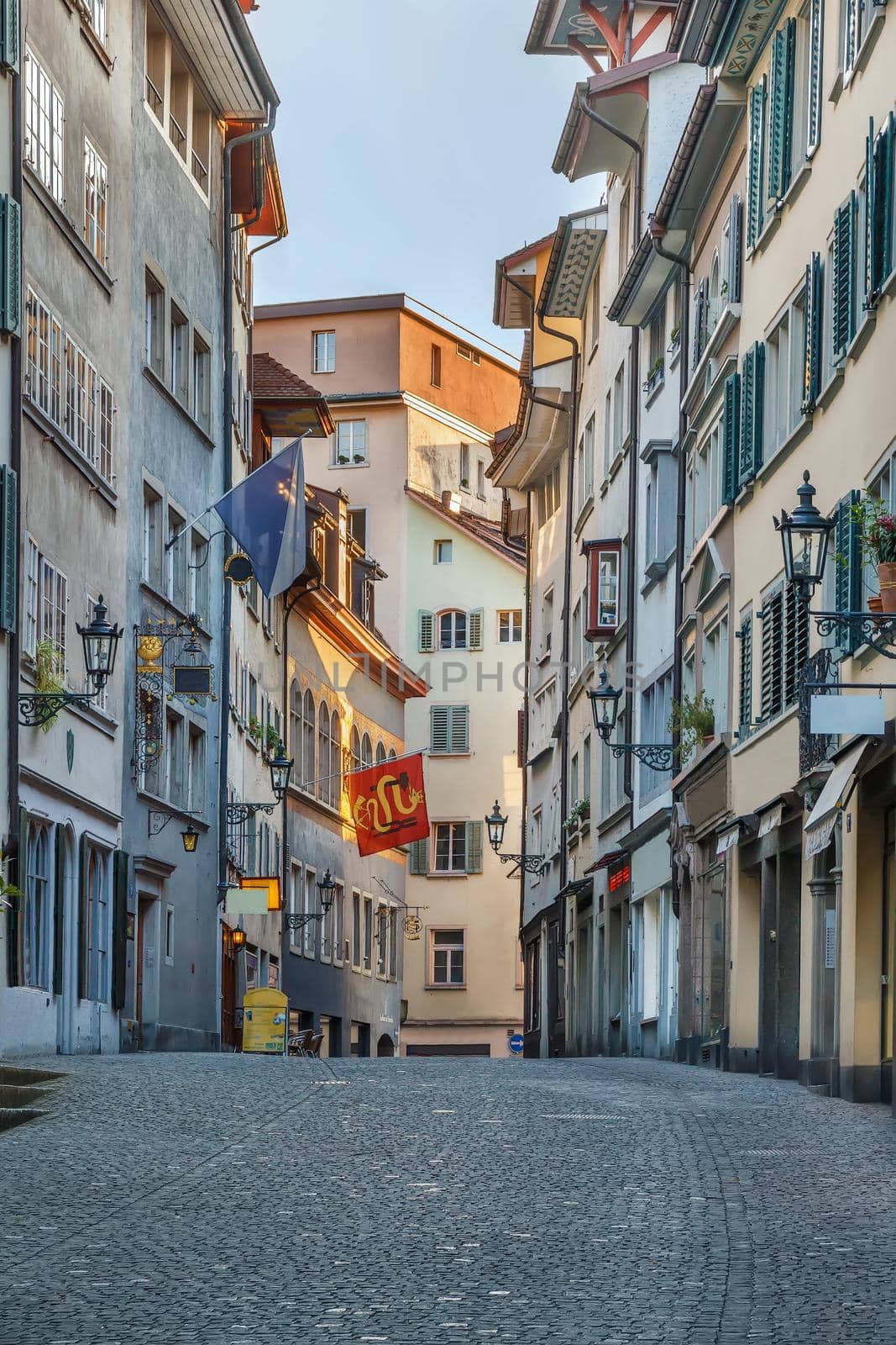 Street with historic houses in Zurich city center, Switzerland