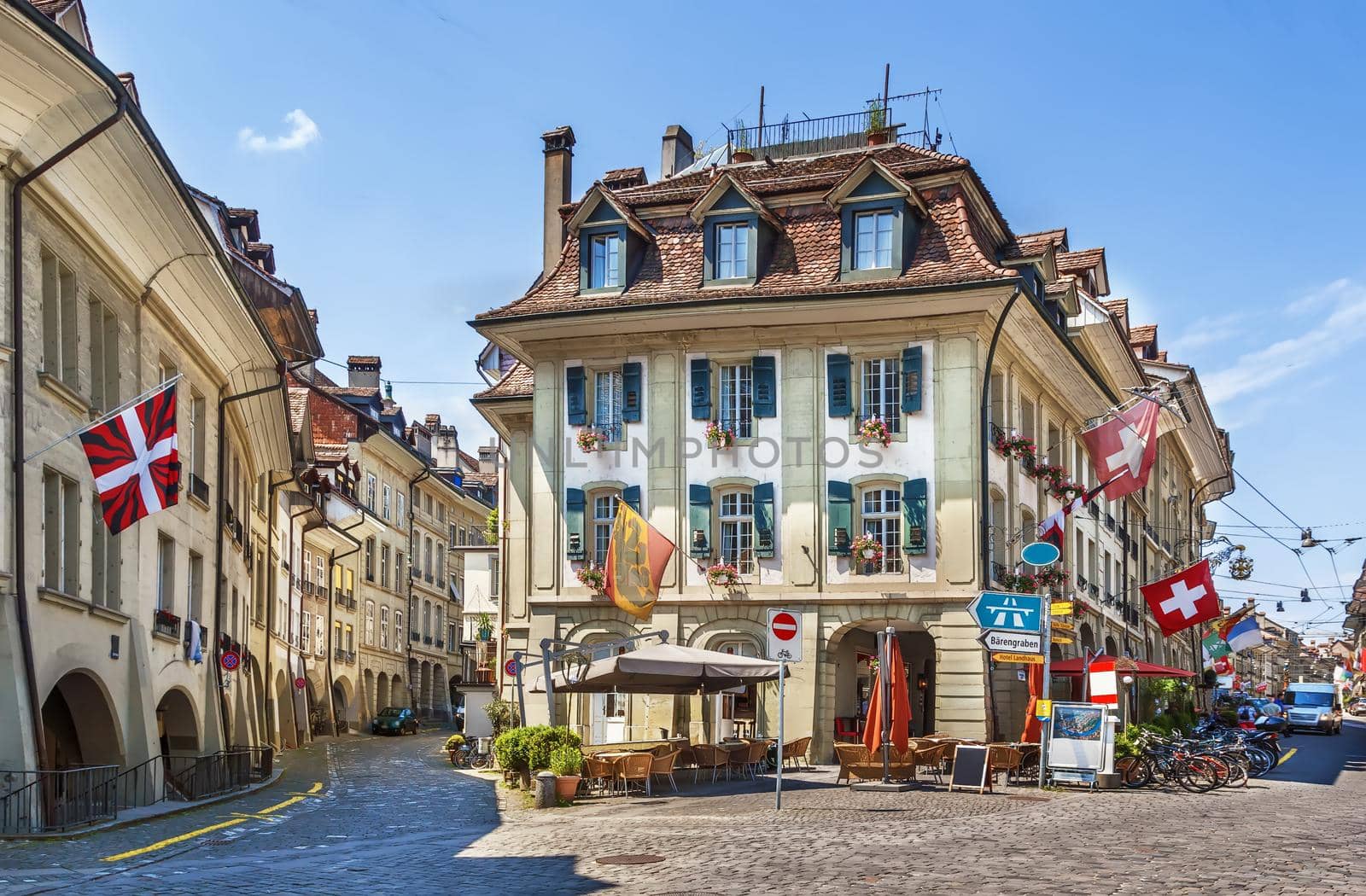 Street with historic houses in Bern downtown, Switzerland