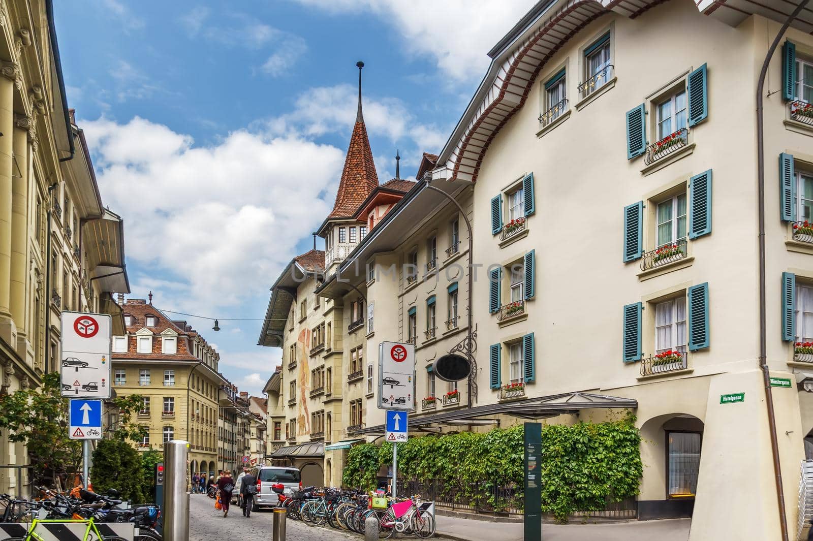 Street with historic houses in Bern downtown, Switzerland