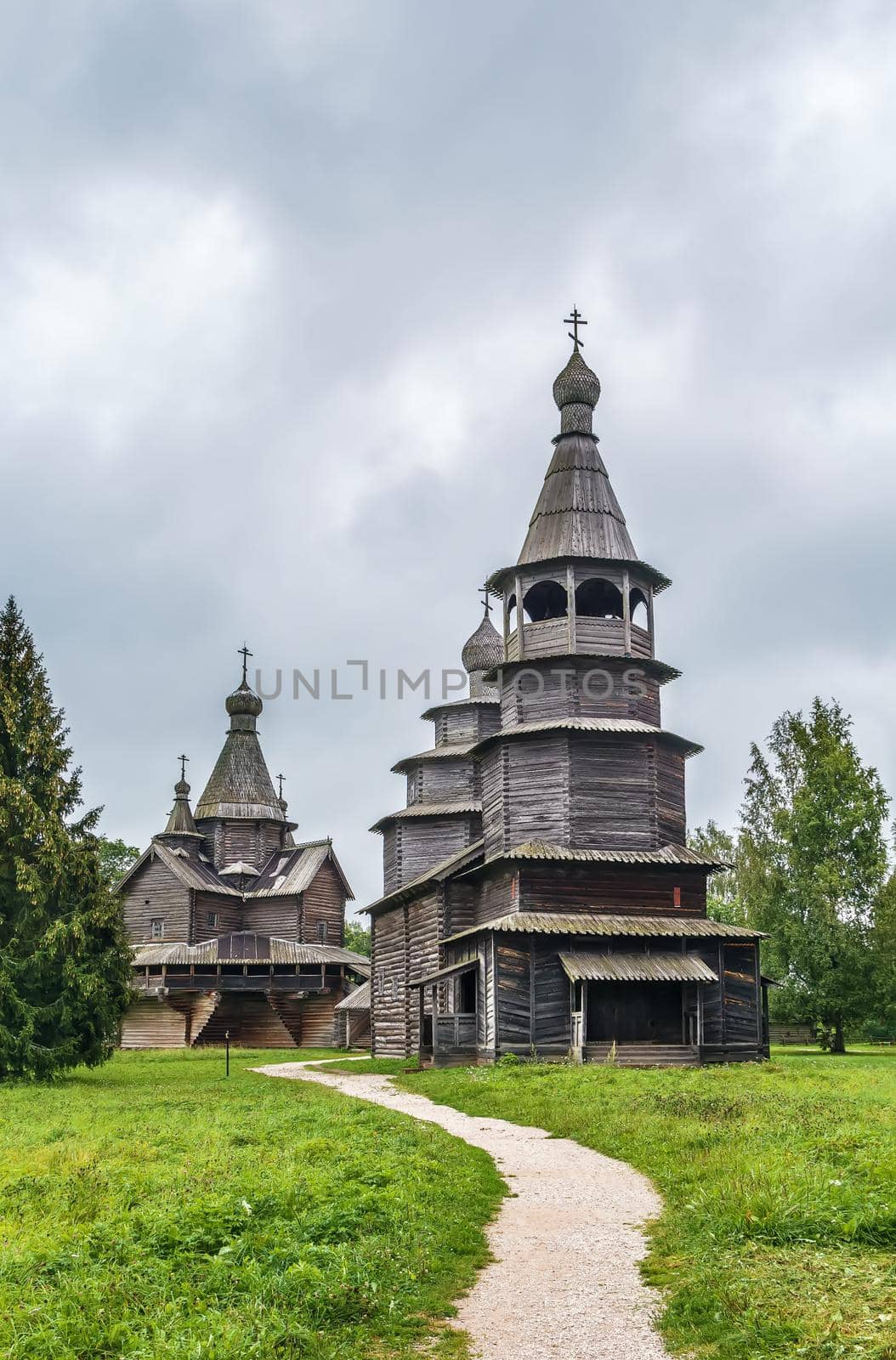 Tiered Church of St. Nicholas (1757) in Museum of Russian Wooden Architecture "Vitoslavlitsy" near Veliky Novgorod, Russia