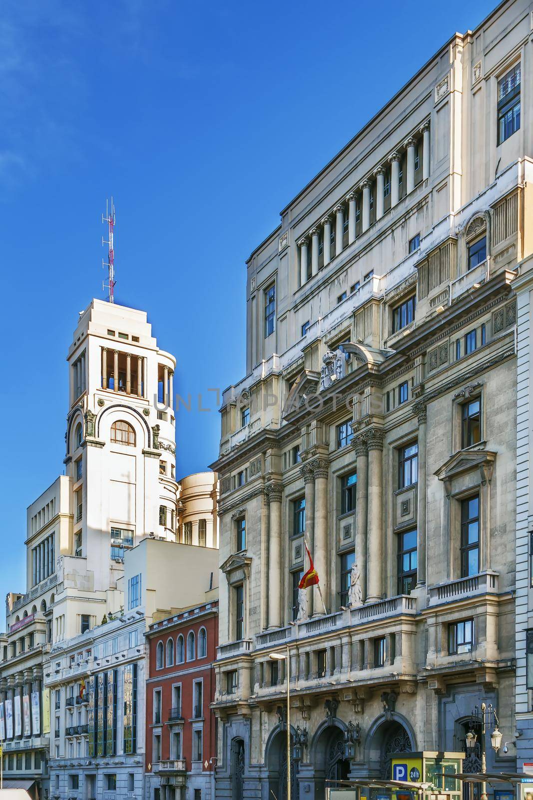 Gran Via is an ornate and upscale shopping street located in central Madrid, Spain