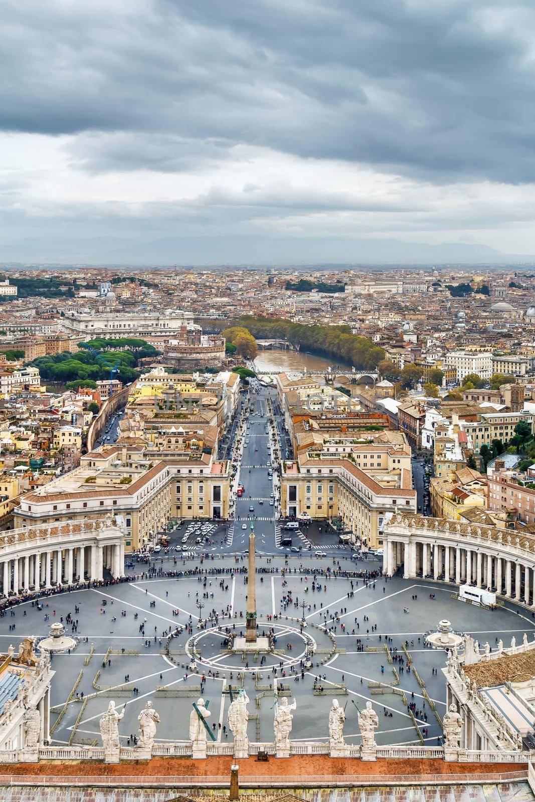 Aerial view of St. Peter Square and Rome from the Dome of St. Peter Basilica, Vatican