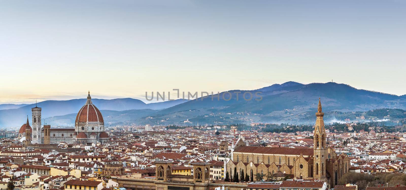 Panoramic view of Florence in sunset from Michelangelo hill, Italy