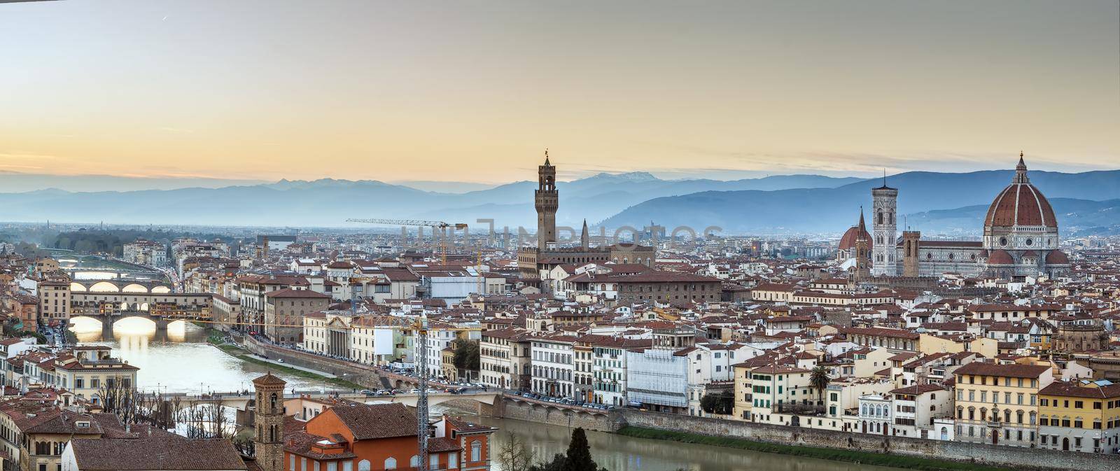 Panoramic view of Florence in sunset from Michelangelo hill, Italy