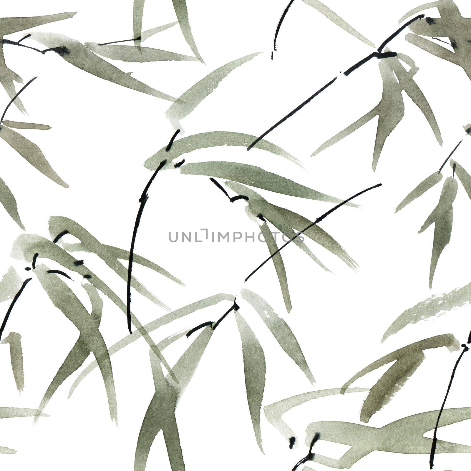 Watercolor illustration of bamboo leaves on white background. Oriental traditional painting, sumi-e. Seamless pattern.