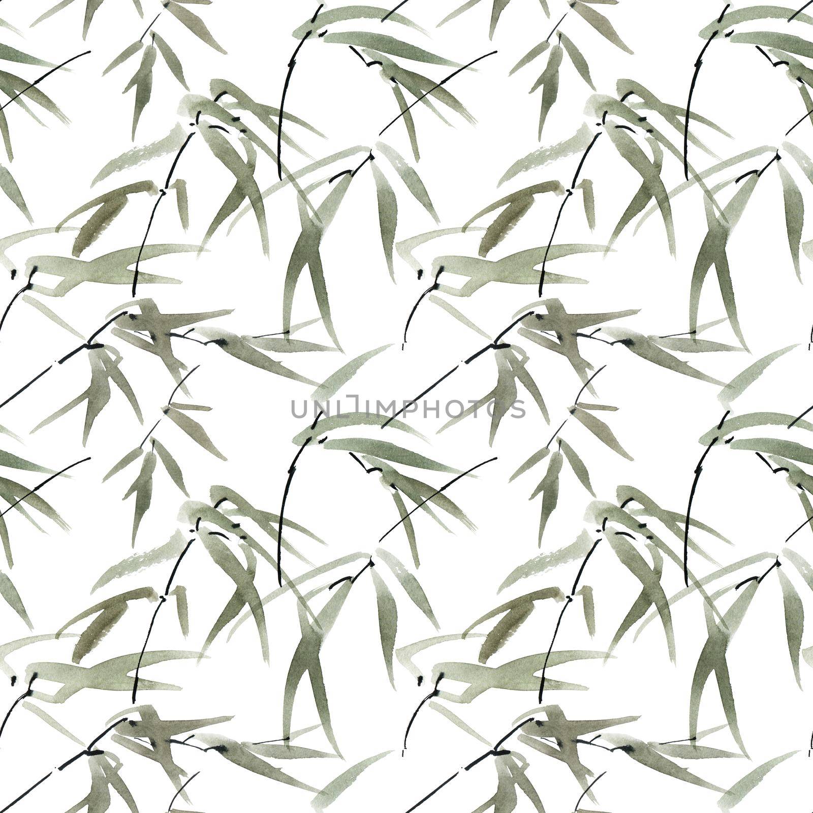 Watercolor illustration of bamboo leaves on white background. Oriental traditional painting, sumi-e. Seamless pattern.