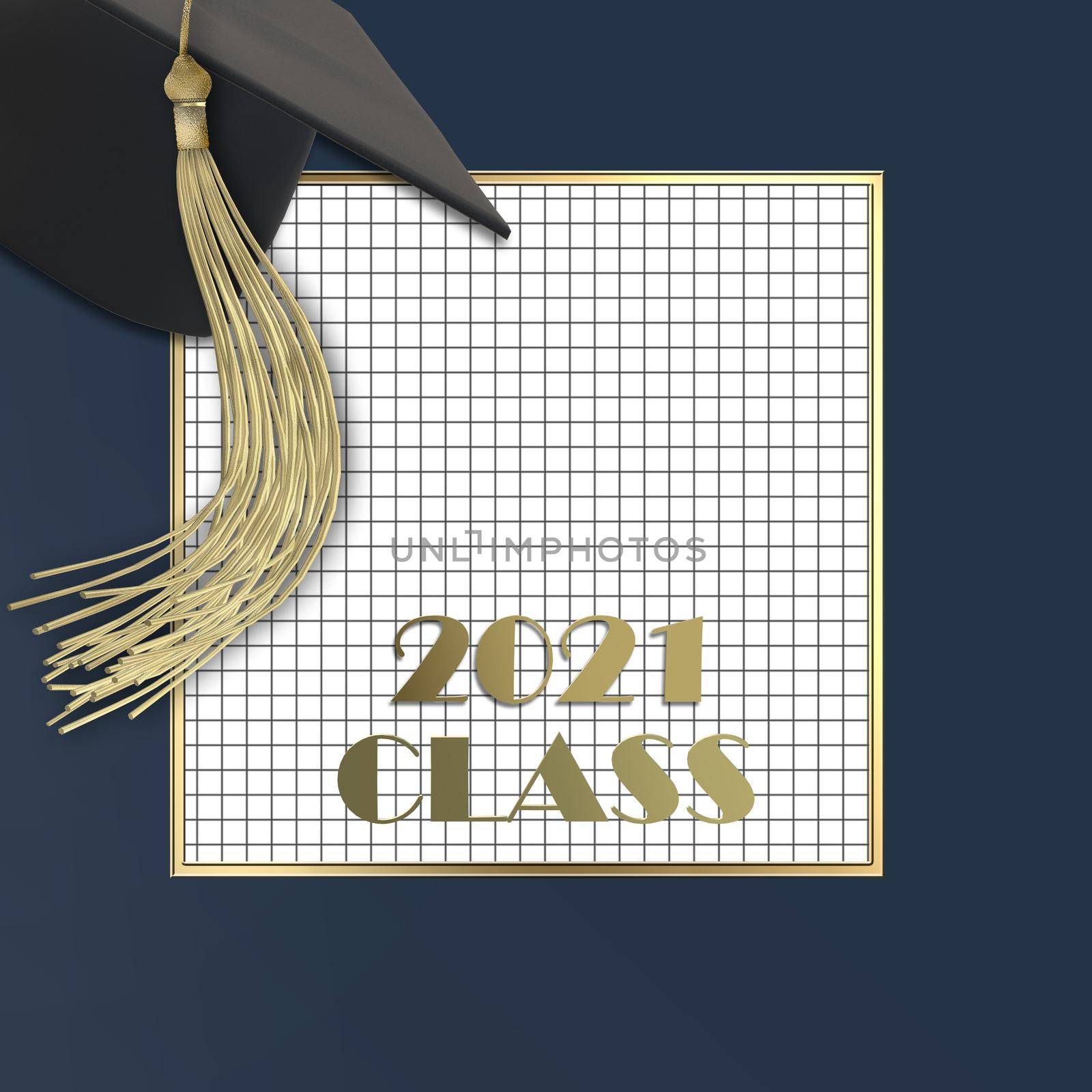 Class of 2021. Congratulations graduates design template with academic cap, gold tassel, text 2021 class over white blue. Illustration