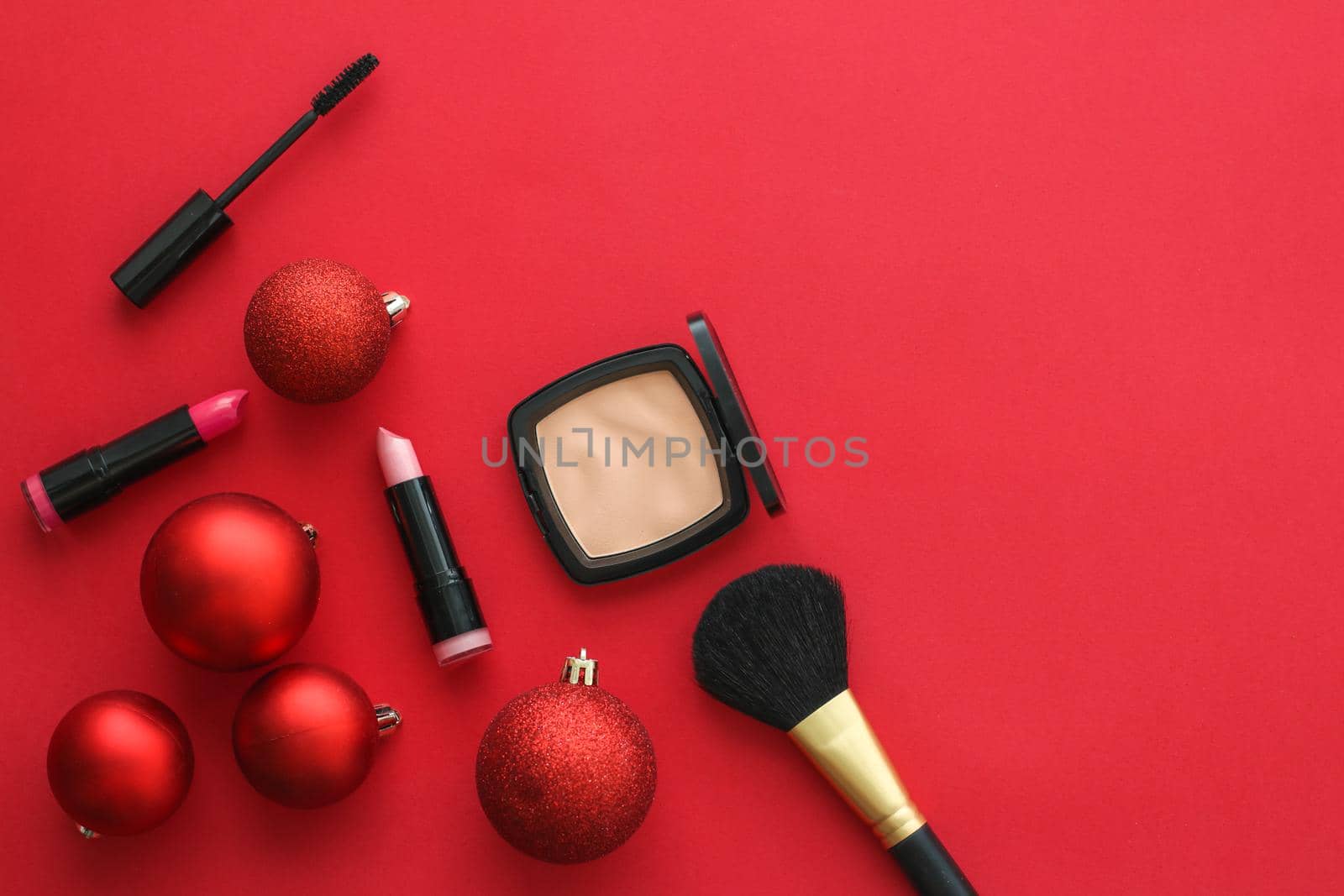 Cosmetic branding, fashion blog cover and girly glamour concept - Make-up and cosmetics product set for beauty brand Christmas sale promotion, luxury red flatlay background as holiday design