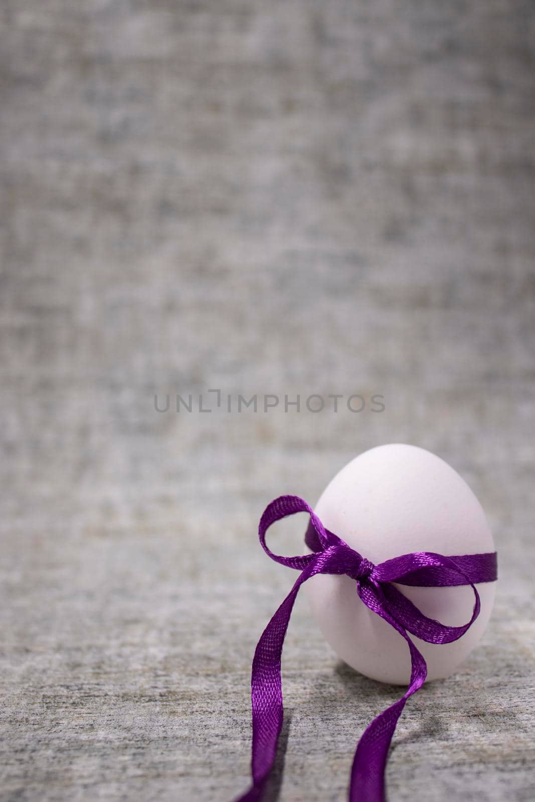 chicken egg wrapped in purple bow-knot. easter egg, present. healthy raw food by oliavesna