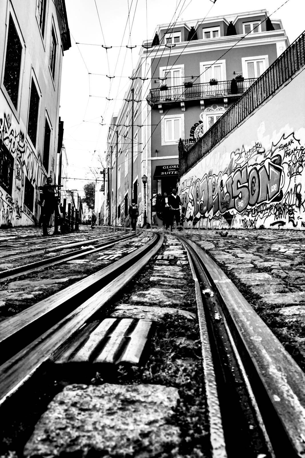 Elevator da Gloria rails in Lisbon in spring