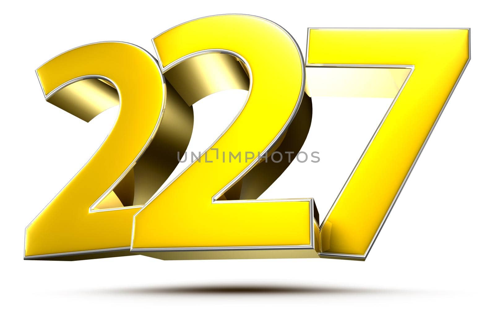 227 gold 3D illustration on white background with clipping path.
