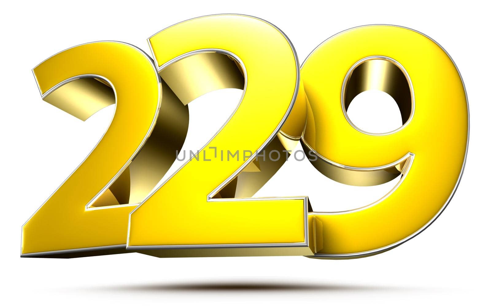 229 gold 3D illustration on white background with clipping path.