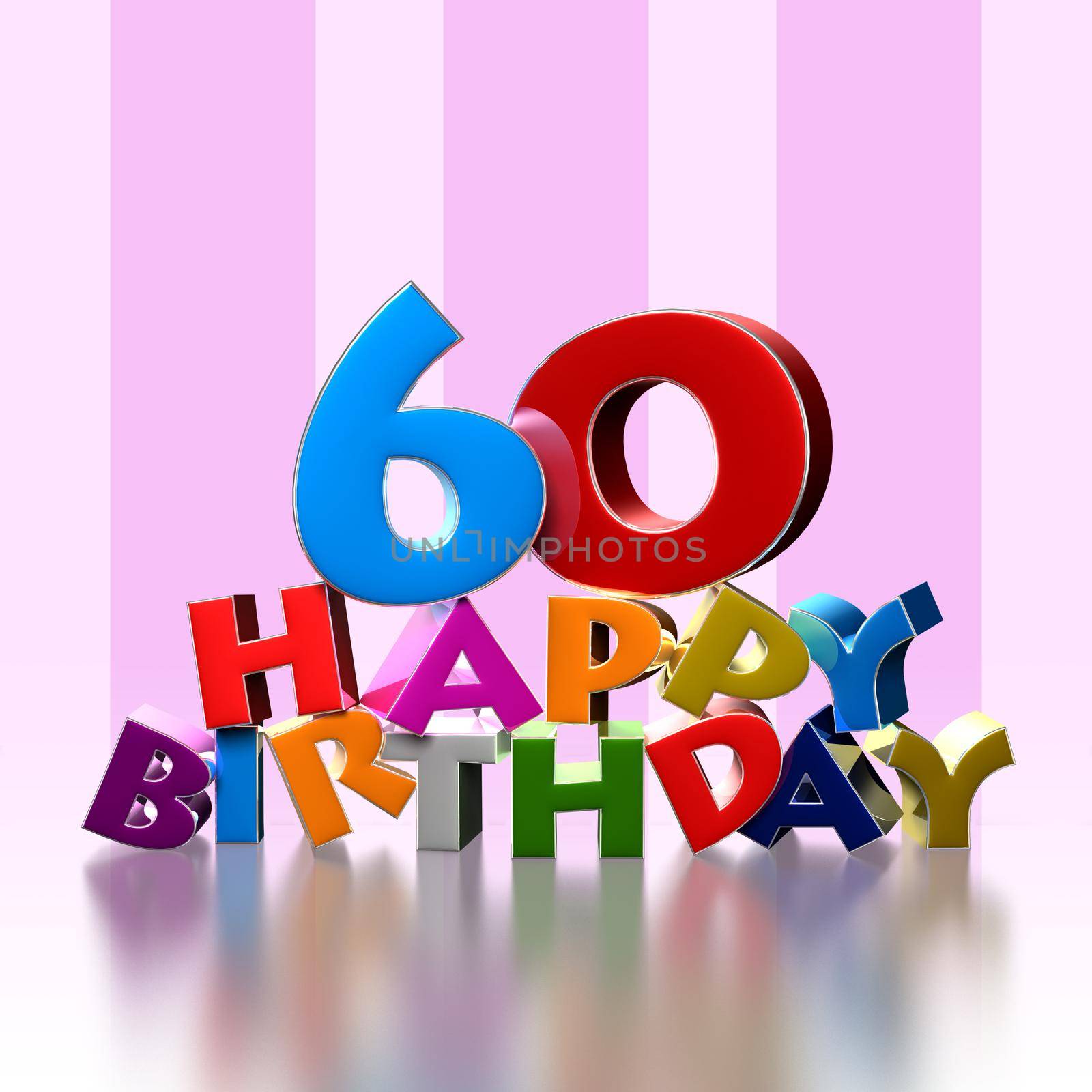 60 happy birthday 3D illustration on pink background.With clipping path.