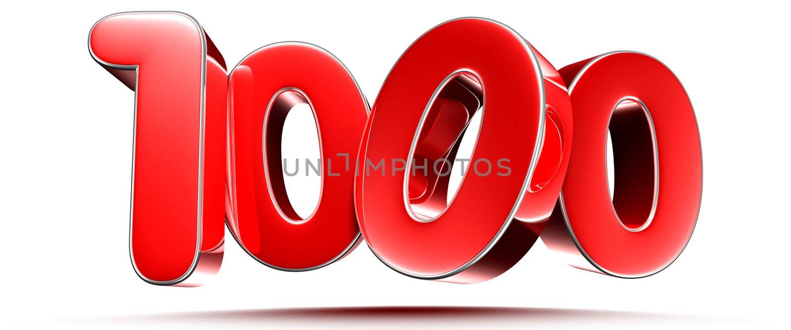 Rounded red numbers 1000 on white background 3D illustration with clipping path