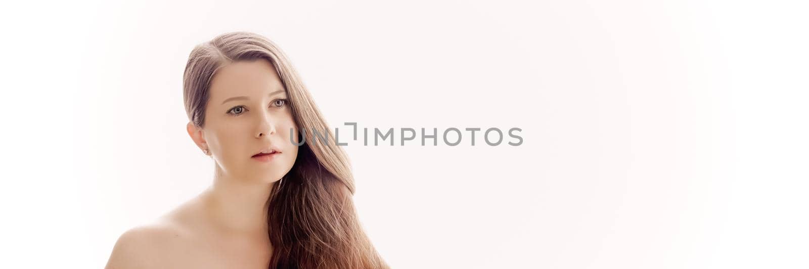 Beautiful woman with natural look, perfect skin and shiny hair as make-up, health and wellness concept. Face portrait of young female model for skincare cosmetics and luxury beauty ad design by Anneleven