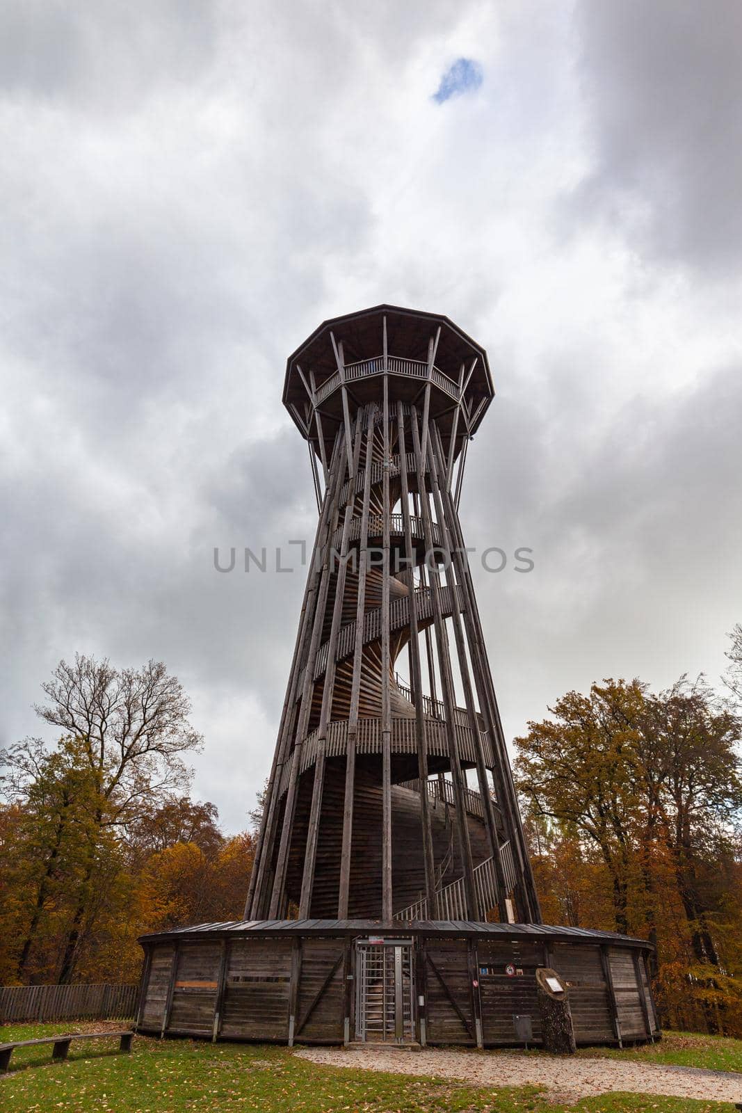 Close up view of Sauvabelin Tower (Tour de Sauvabelin) on cloudy autumn day, a wooden tower located in Sauvabelin forest with panoramic view of city, mountain, Lake Geneva, Lausanne, Vaud, Switzerland