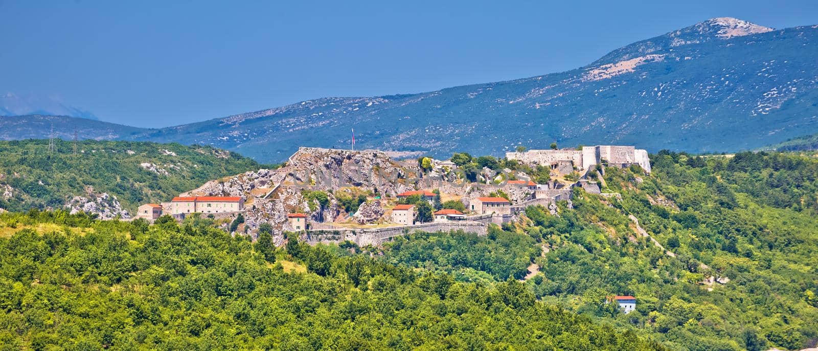 Knin fortress and landscape aerial panoramic view, second largest fortress in Croatia
