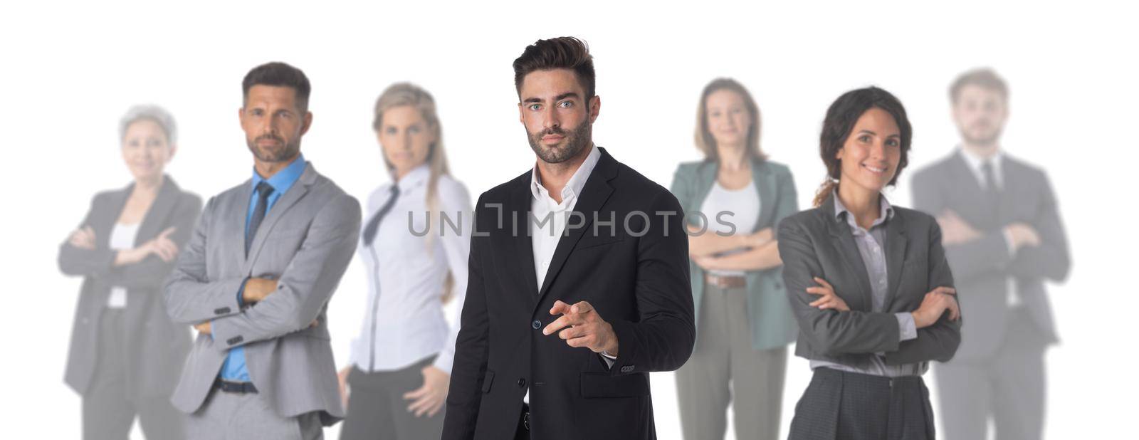 Group of business people standing together isolated on white background, unity cooperation teamwork concept