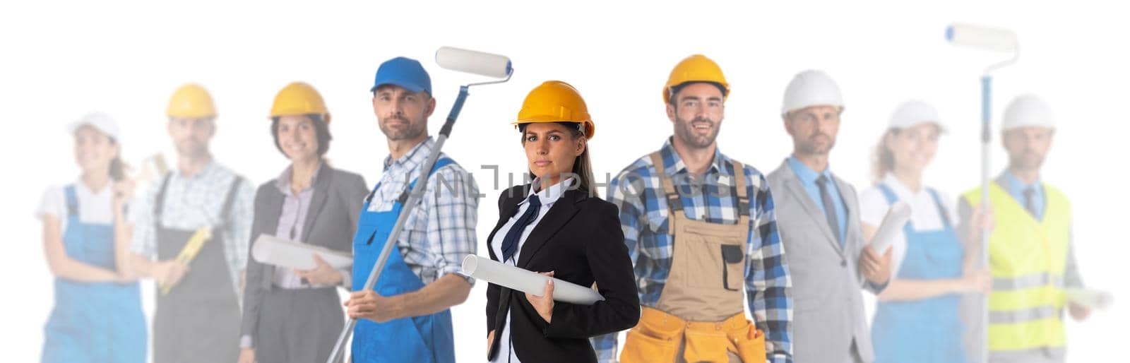 Group of industrial contractors workers people standing together isolated on white background, unity cooperation teamwork concept