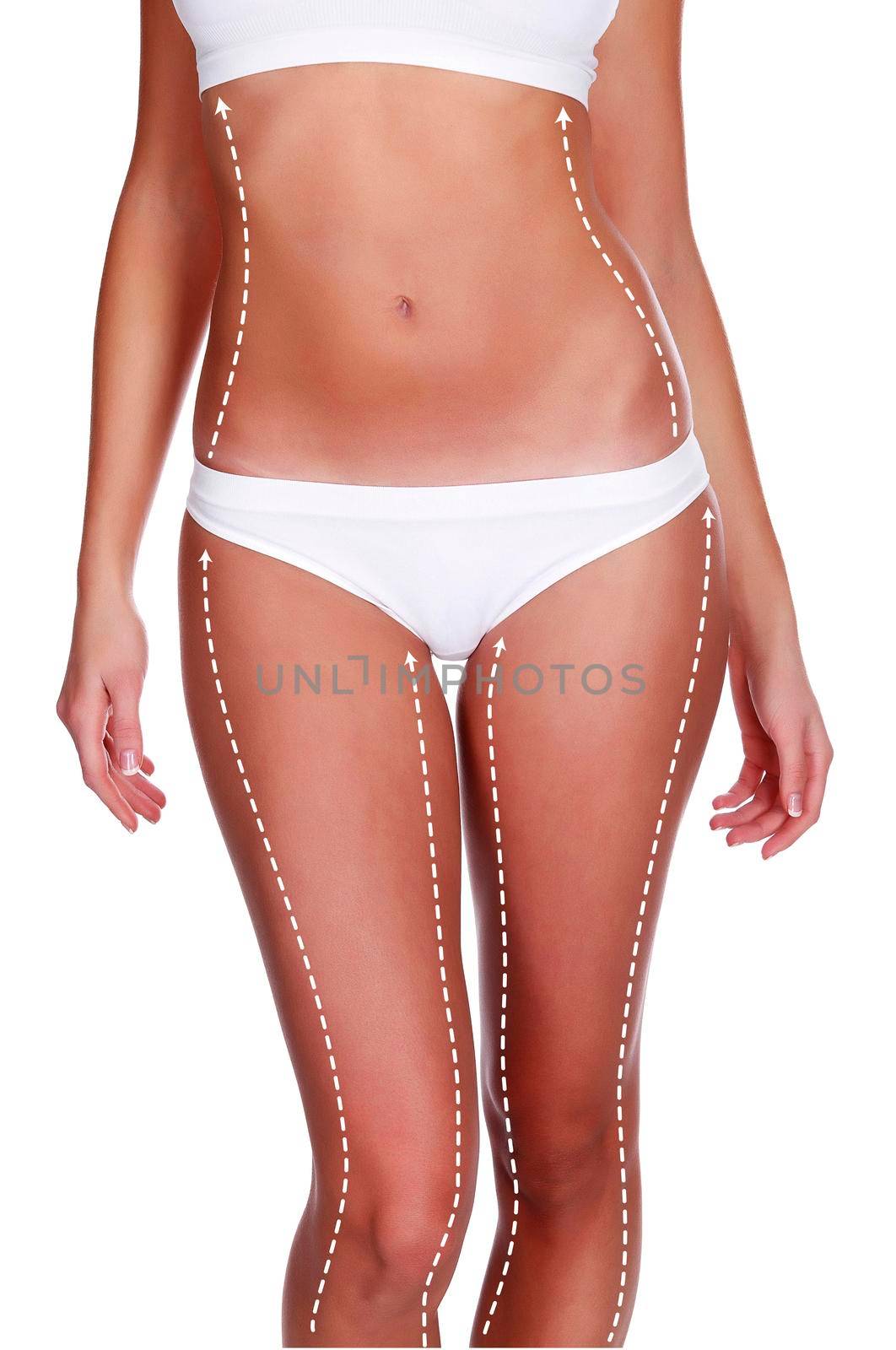 Dotted lines on beautiful female body. Closeup of woman slim fit body with white marks, isolated on white background