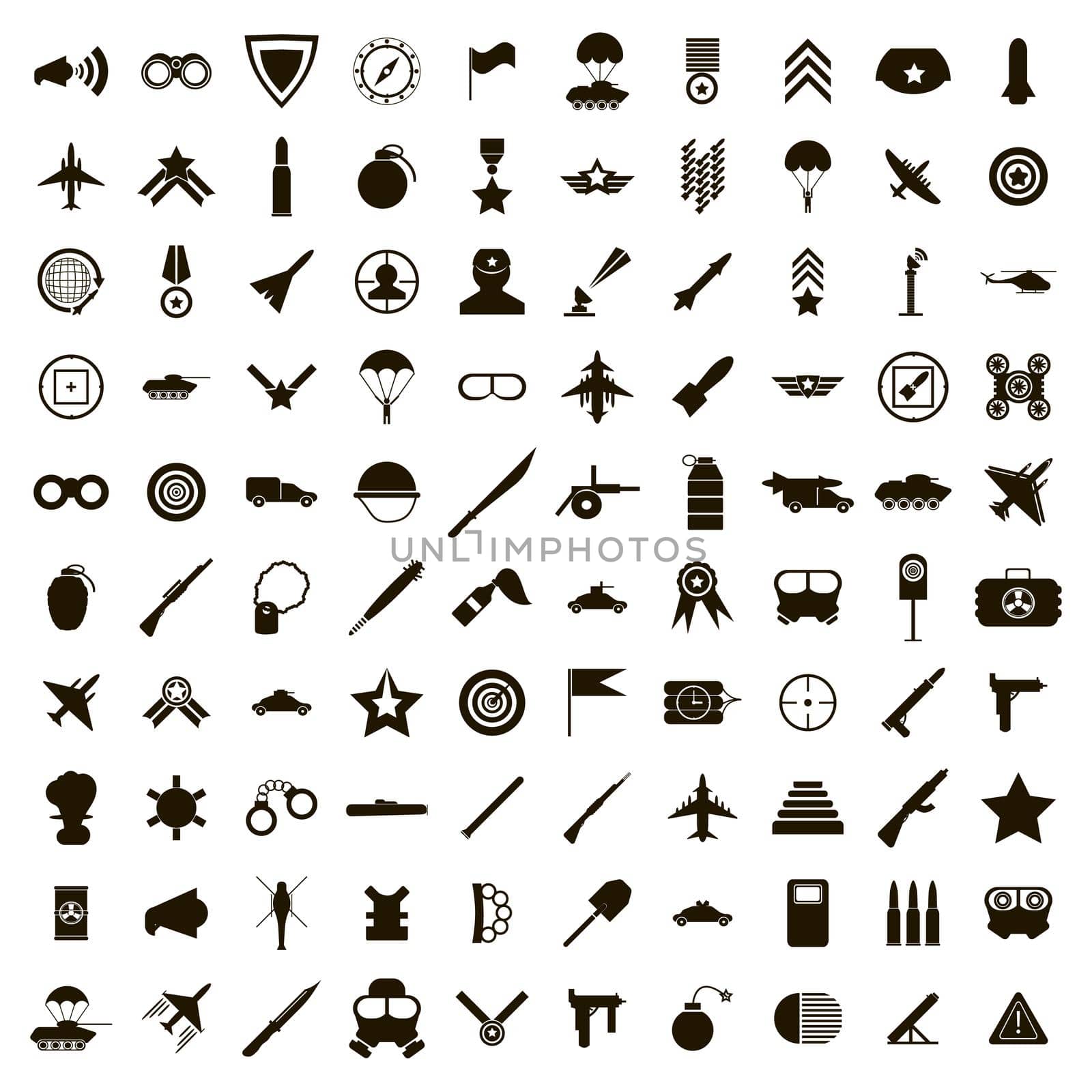 100 military icons set in simple style on a white background