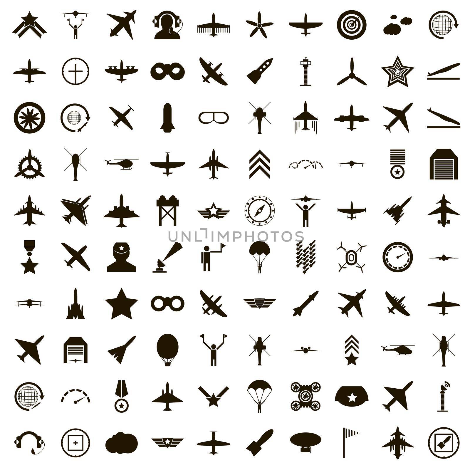 100 aviation icons set, simple style by ylivdesign
