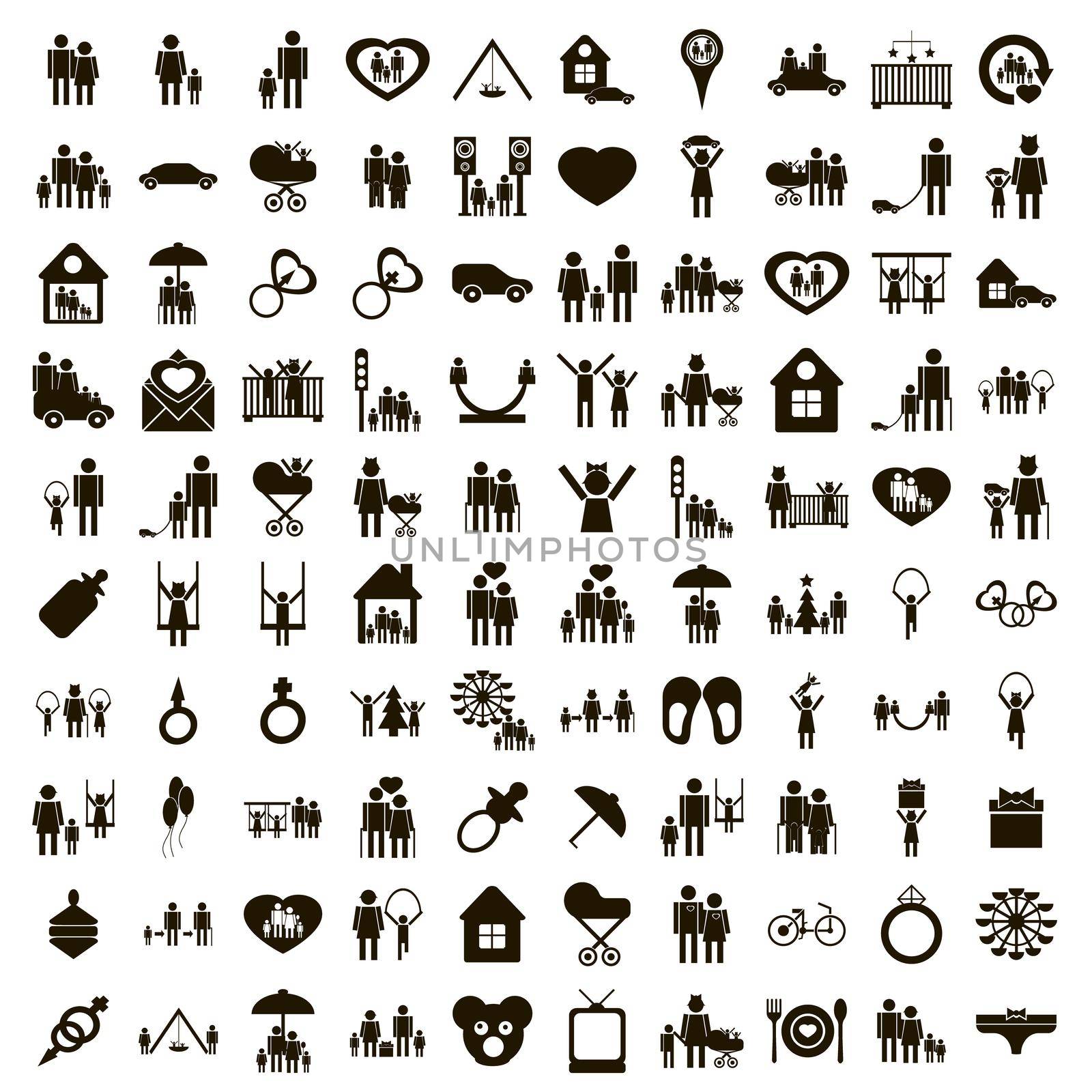 100 family icons set in simple style on a white background