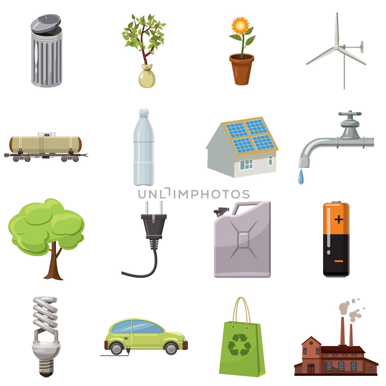 Ecology icons set, cartoon style by ylivdesign