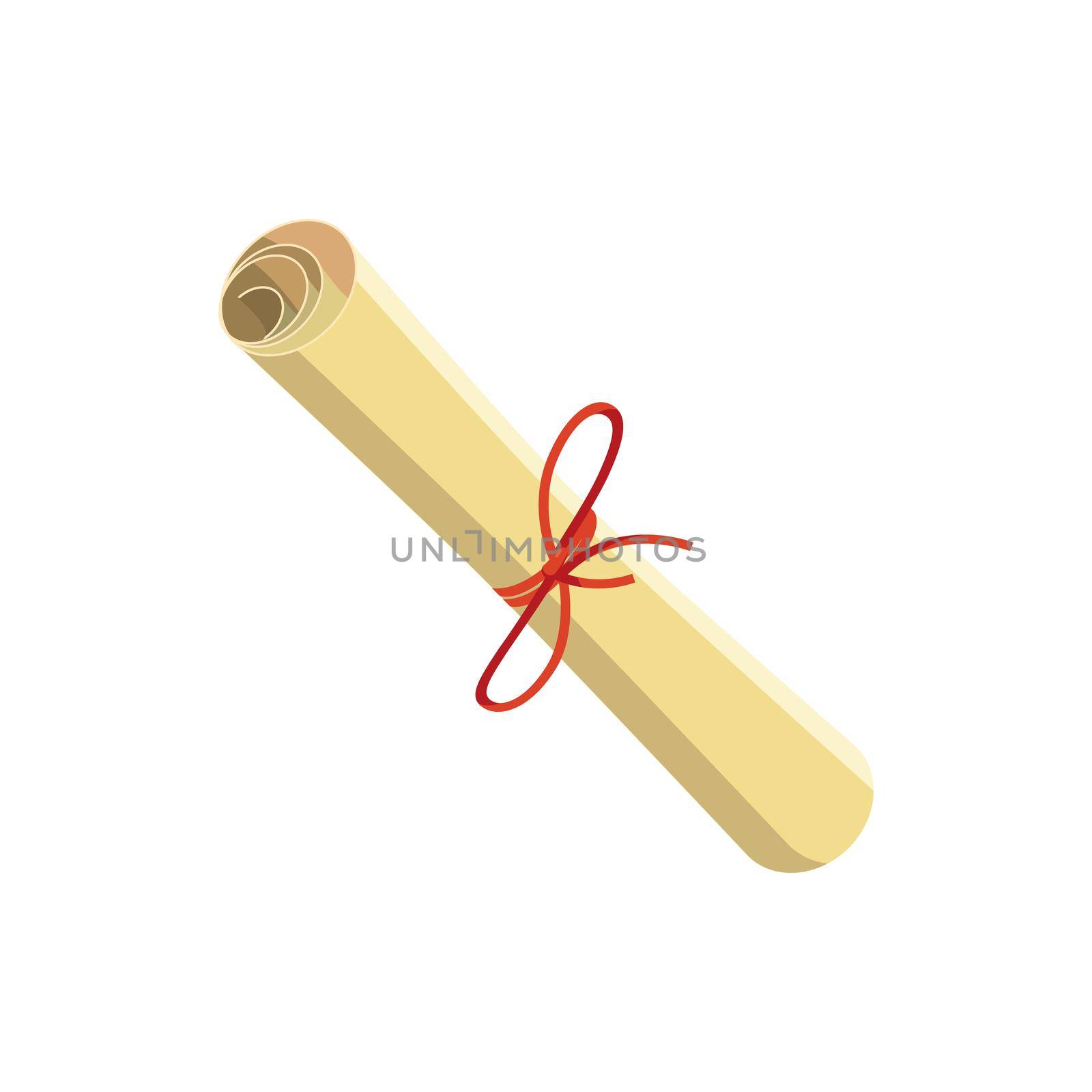 Rolled paper with red tape icon in cartoon style on a white background
