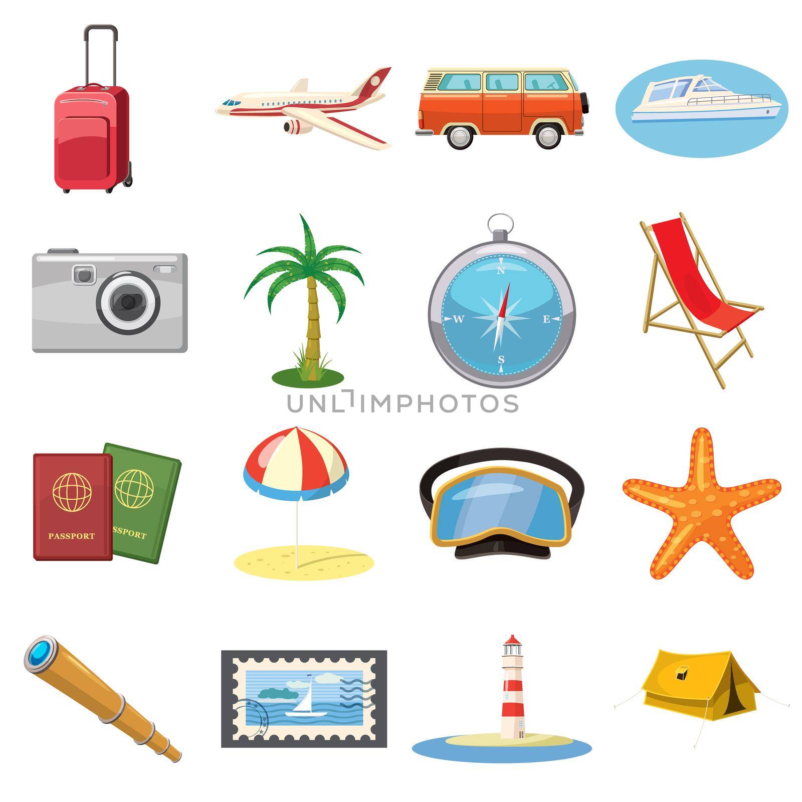 Travel Icons set in cartoon style isolated on white background