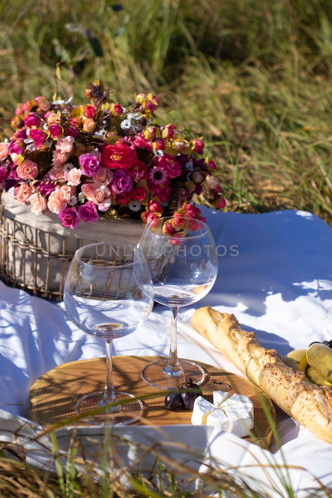 wooden stand with two glasses of champagne, grapes and camembert cheese on a white blanket in the field. picnic.