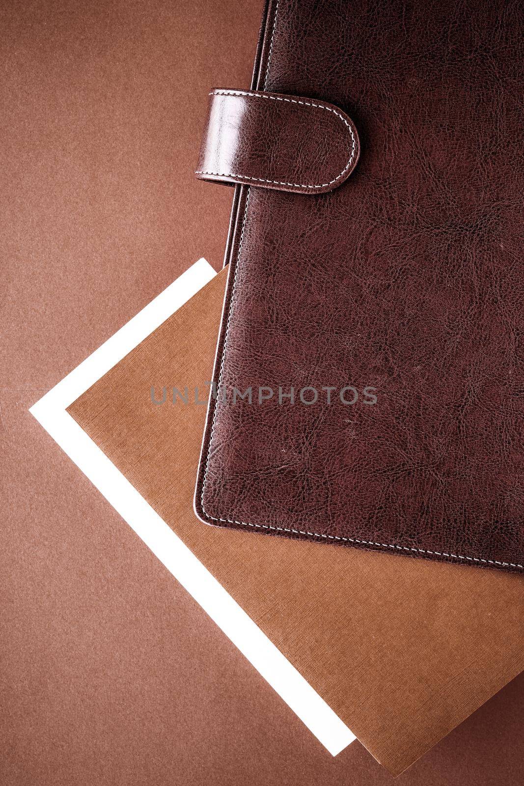 Productivity, work and corporate lifestyle concept - Vintage business briefcase on the office table desk, flatlay background