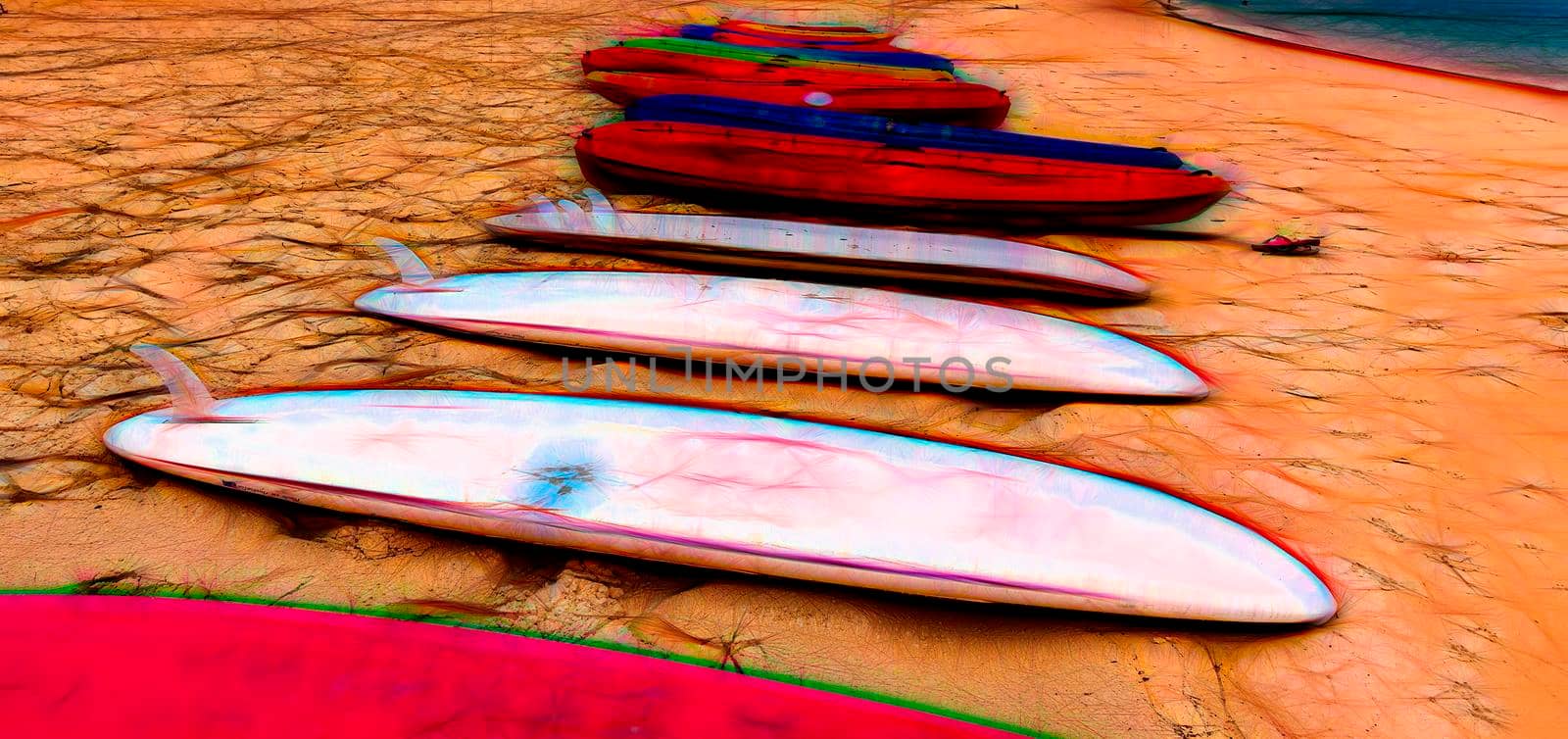Blurred abstract painting of surfboards and kayaks for hire on a sandy island beach illustration