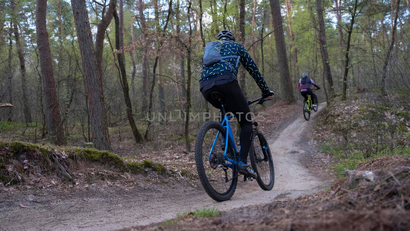 men on mountain bike in spring forest near utrecht on sunny morning in the netherlands