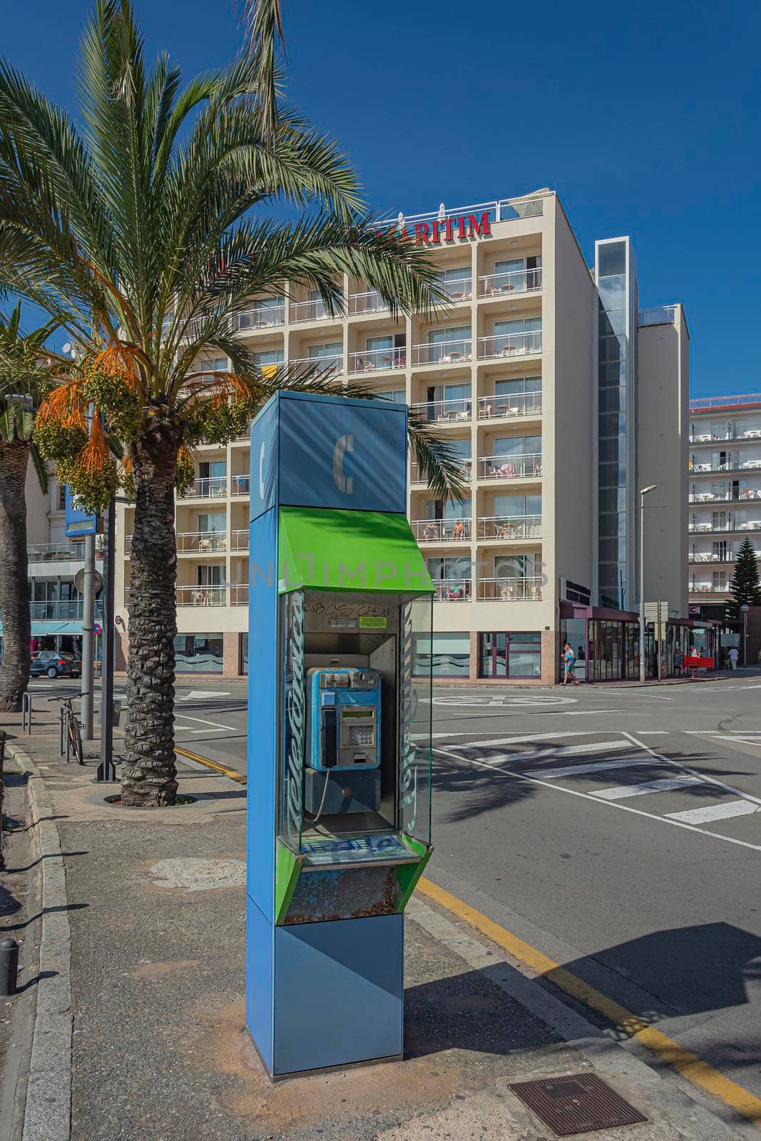 SPAIN, Lloret de Mar-OCTOBER 04, 2019: Pay phone on a city street. Stock photo.