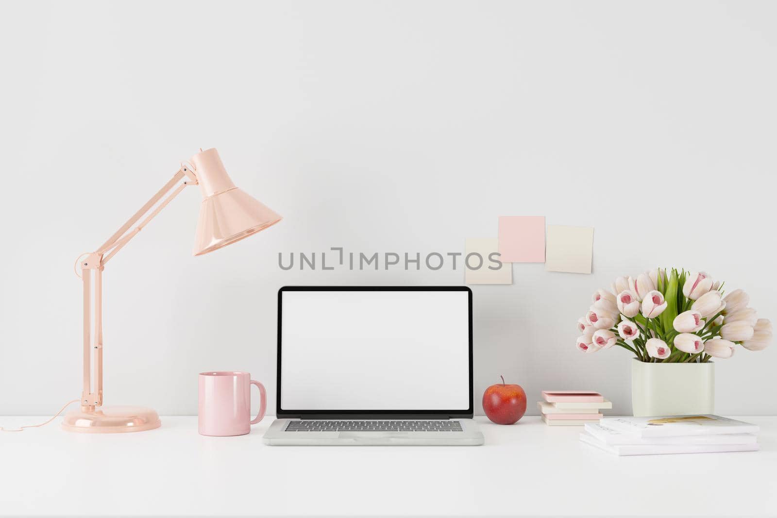 Workspace with mockup blank screen laptop computer. 3D Rendering.