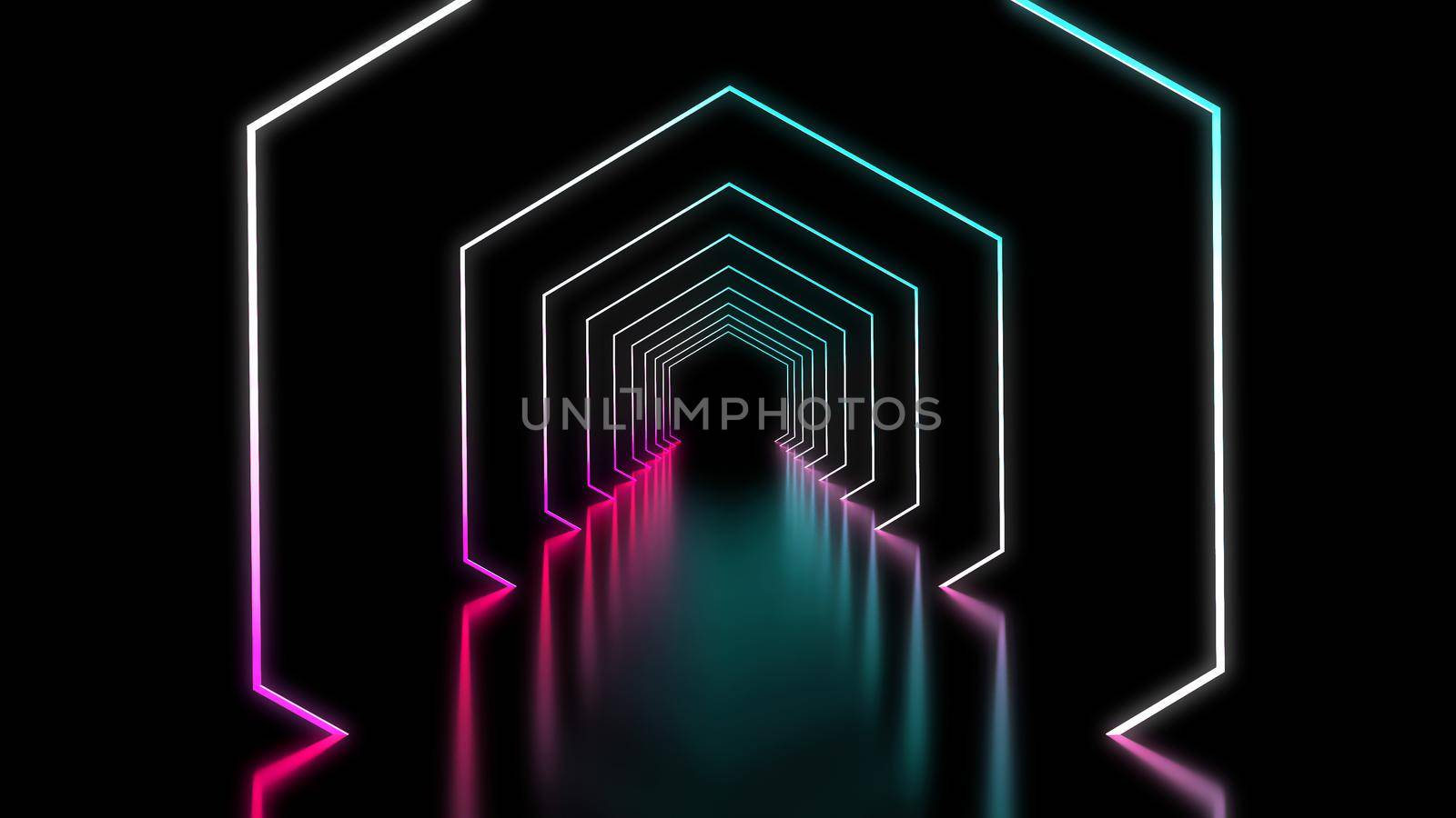 Hexagonal neon background in purple blue colors. Tech background futuristic space tunnel light. Future,black neon cyber abstract art 3d render. by DmytroRazinkov