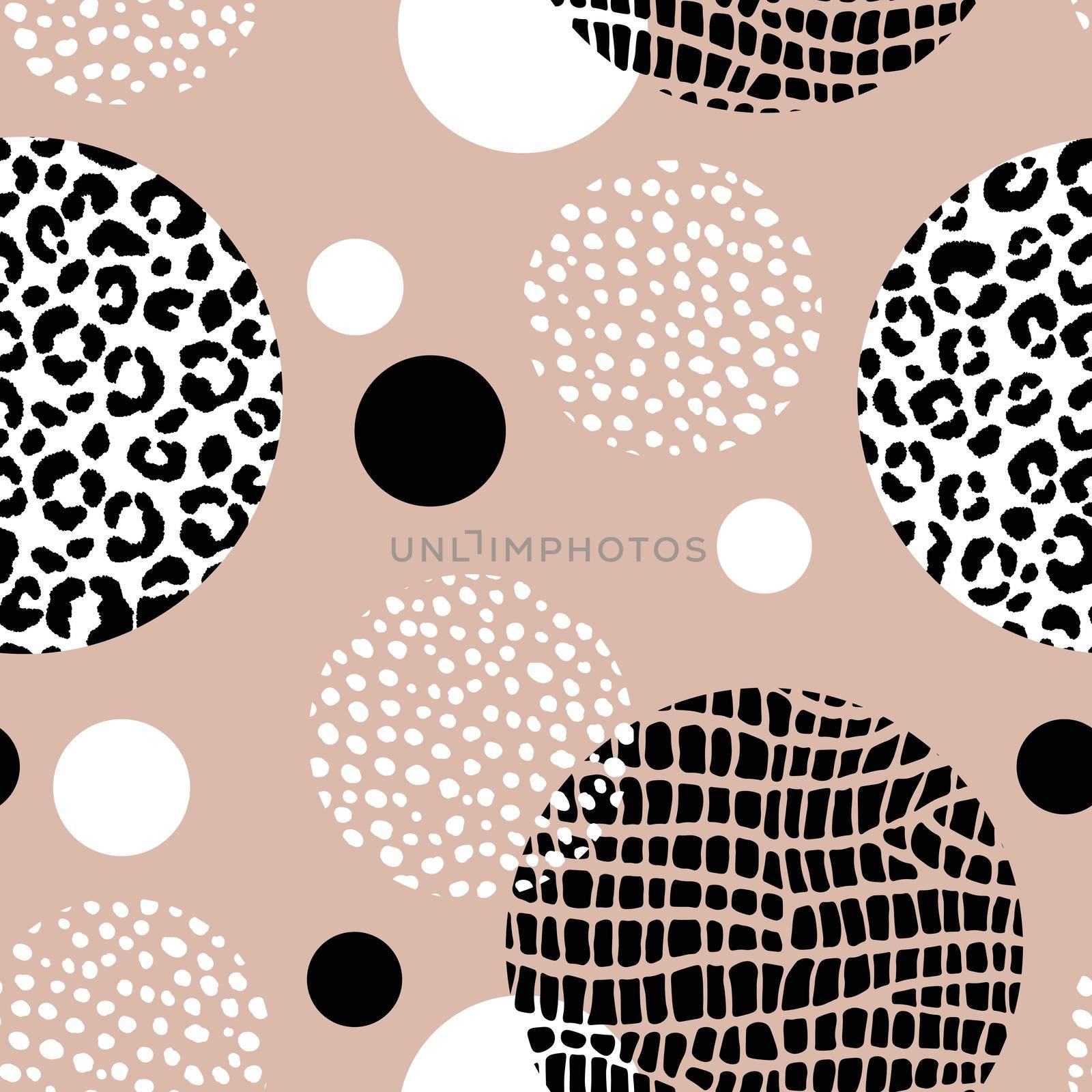 Abstract modern leopard seamless pattern with circles. Animals trendy background. Black and beige decorative vector illustration for print, card, fabric, textile. Modern ornament of stylized skin.