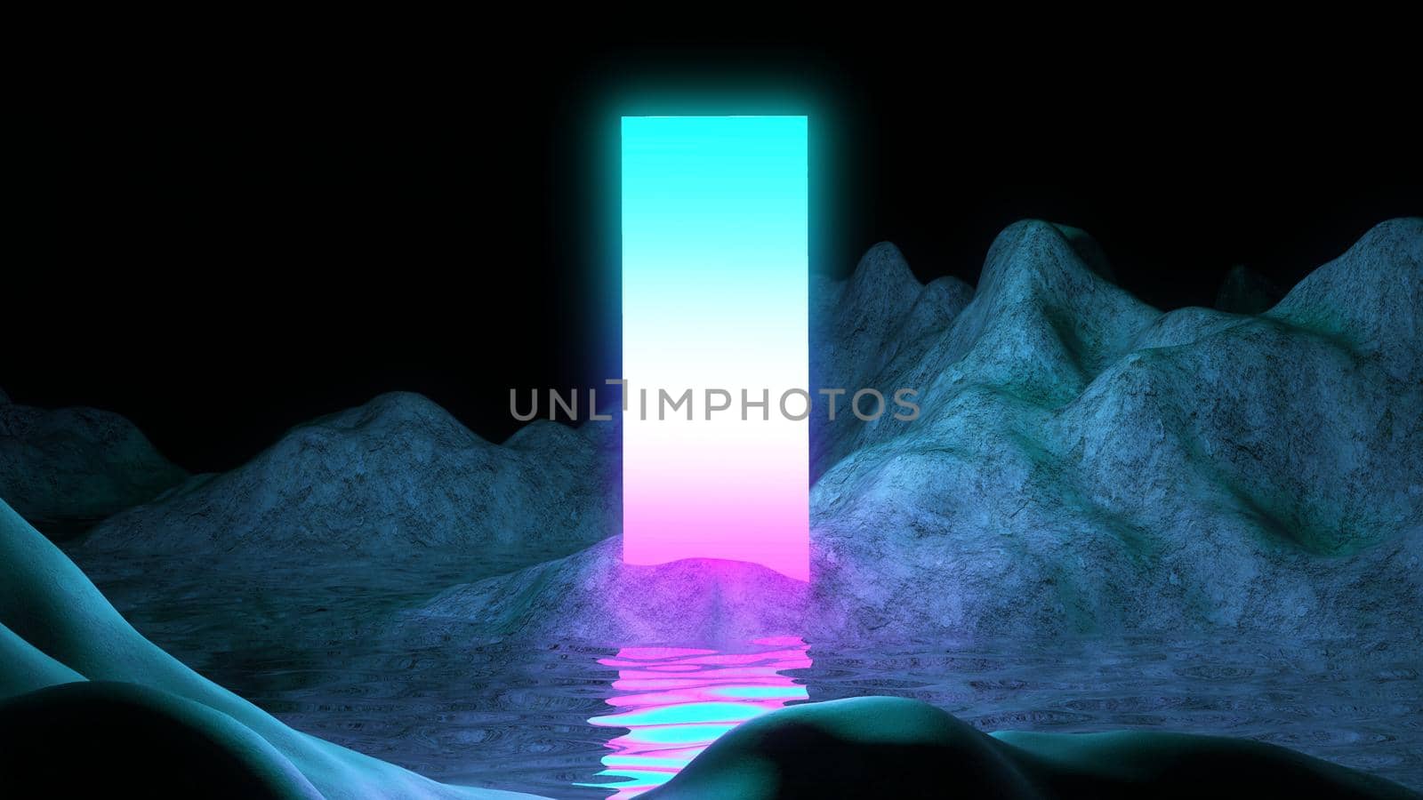 Cosmic background, alien landscape retro neon mountain with water violet reflection. Pink blue abstract futuristic space background for electronic game with rectangle frame glowing.