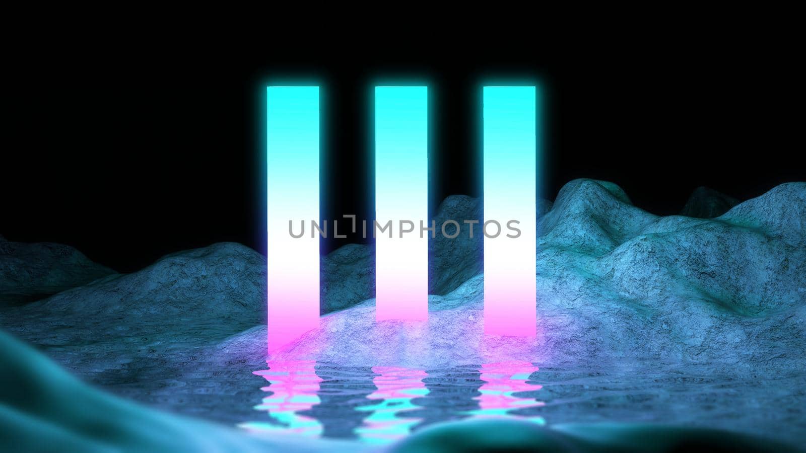 Cosmic background, alien landscape retro neon mountain with water violet reflection. Pink blue abstract futuristic space background for electronic game with rectangle frame glowing.Technology science mountain landscape. by DmytroRazinkov