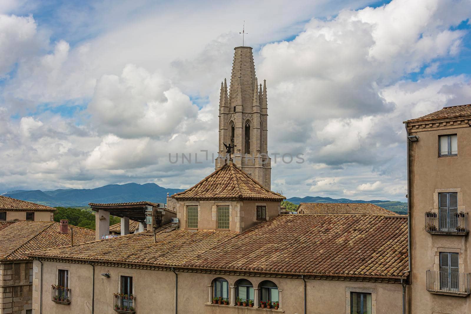 Bell tower of the Church of St. Philip (Girona, Spain). Stock photo.